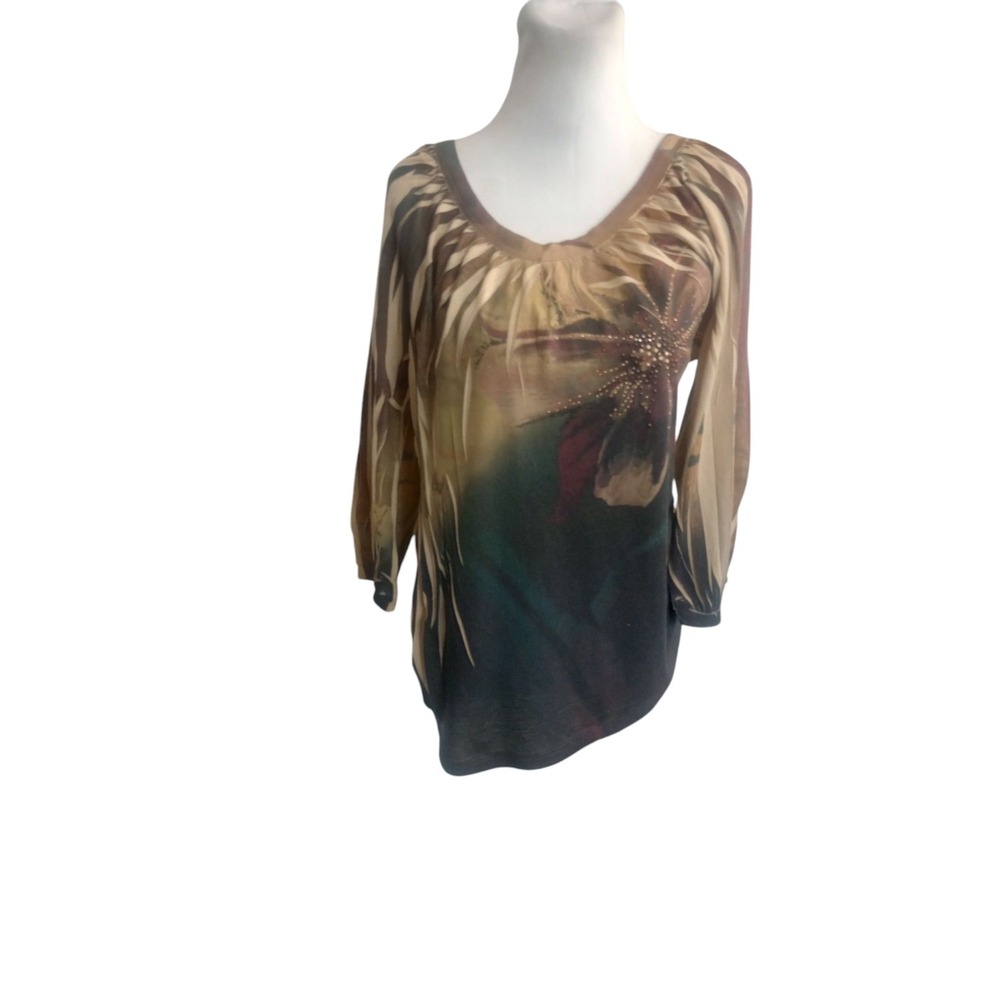 B.L.E.U. Blue Size L Women's Tie Dye Earthy Floral 3/4 Sleeve Top